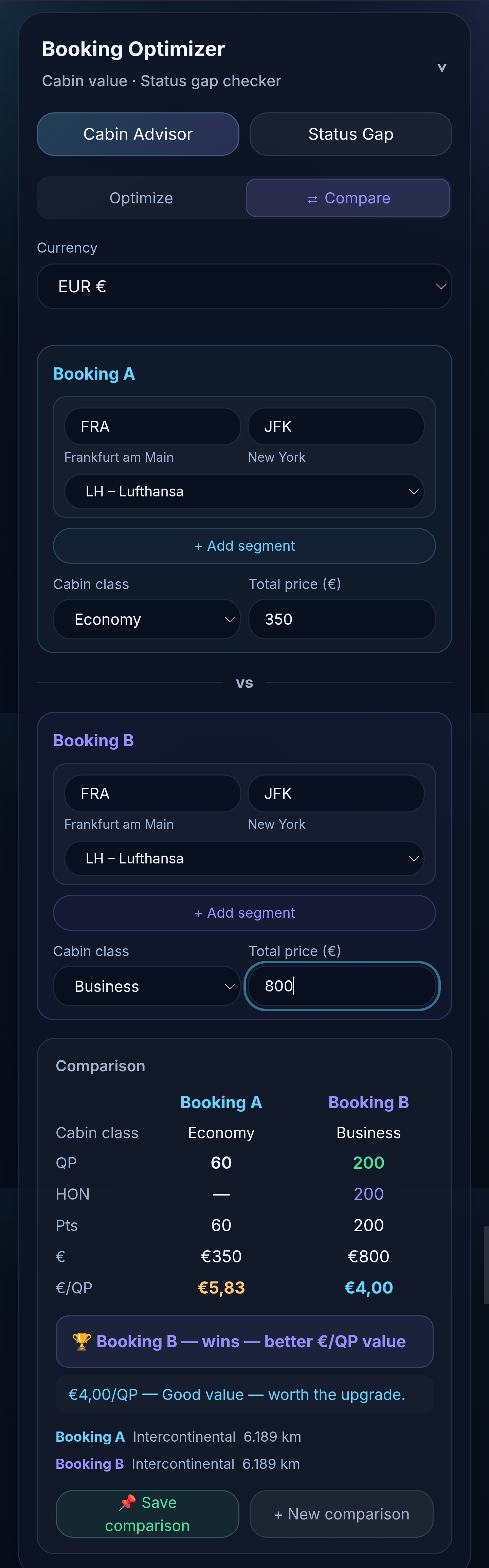 Cabin advisor comparing two bookings side-by-side